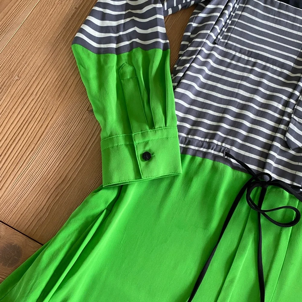 Diane Von Furstenberg Black, Gray Stripe & Neon Green Long Sleeve Dress - Picture 4 of 4